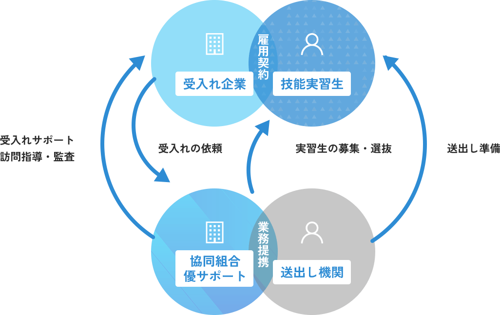 外国人技能実習制度のチャート図｜受け入れ企業から協同組合優サポートへ受け入れの依頼が来ます。協同組合優サポートから受け入れ企業には受入れサポートや訪問指導・監査を行います。協同組合優サポートから技能実習生へ時修正の募集・選抜を行います。送出し機関から技能実習生へ送り出し準備を行います。受け入れ企業と技能実習生との間では雇用契約を結びます。協同組合優サポートと送出し機関との間では業務提携を結びます。